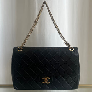 CHANEL Black Leather Quilted Double Flap Chain Shoulder Bag