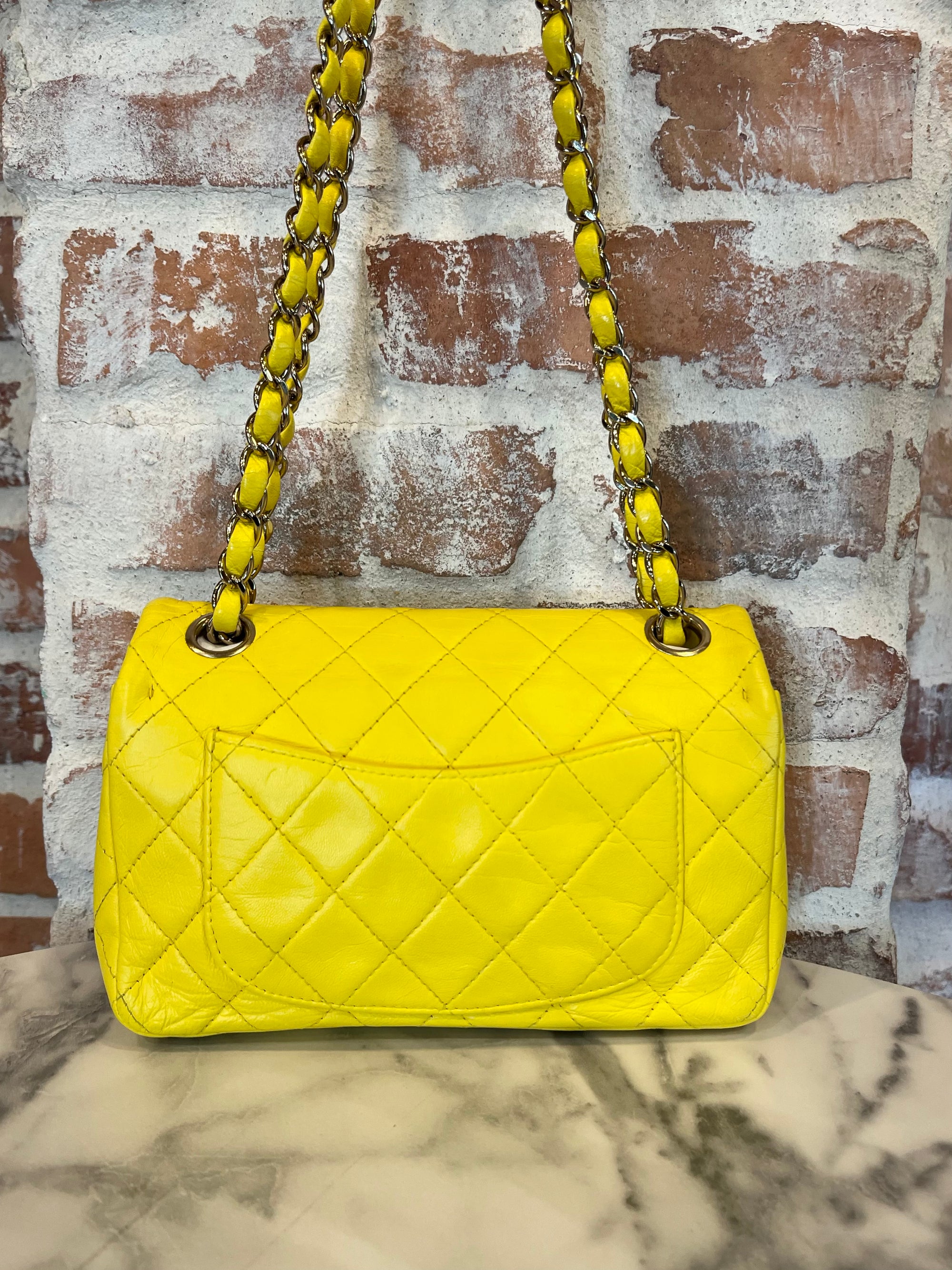 CHANEL Neon Yellow Leather Small Flap Shoulder Bag TS3168