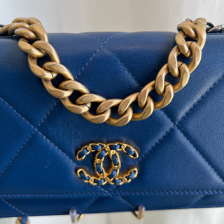 CHANEL 19 Blue Lambskin Leather Wallet On Chain