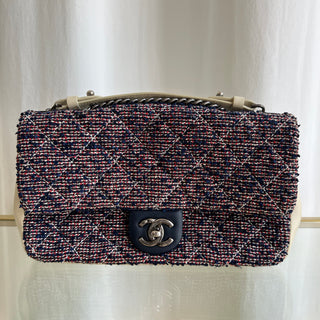 CHANEL Red/Blue Tweed Quilted Medium Single Flap Shoulder Bag