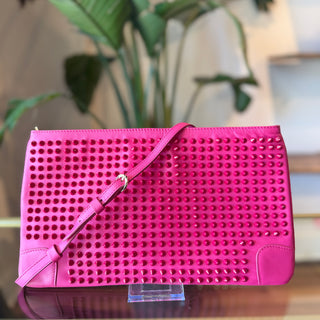 CHRISTIAN LOUBOUTIN Loubiposh Pink Calf Leather Spiked Chain Clutch