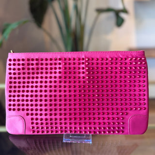 CHRISTIAN LOUBOUTIN Loubiposh Pink Calf Leather Spiked Chain Clutch