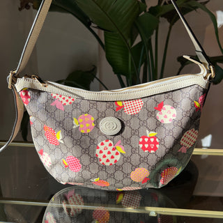 GUCCI GG Supreme Monogram Les Pommes Small Ophidia Half Moon Hobo Beige Multicolor Mystic White