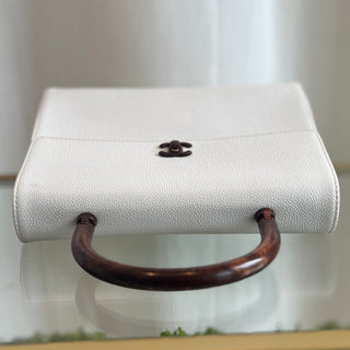 CHANEL White Caviar Leather Wood Top Handle Coco Mark Satchel