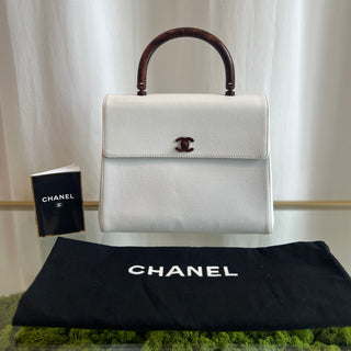 CHANEL White Caviar Leather Wood Top Handle Coco Mark Satchel