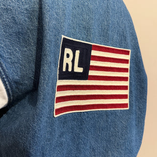 POLO RALPH LAUREN Blue Denim Flag Logo Embroidered Bomber Jacket SZ M