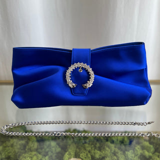 JIMMY CHOO Blue Satin Madelyn Chain Clutch