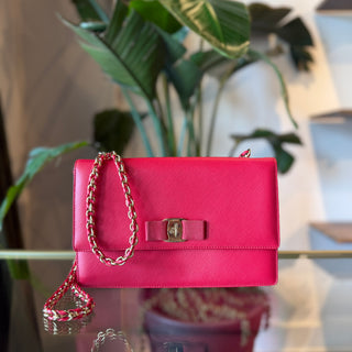 FERRAGAMO Saffiano Leather Bow Ginny Chain Shoulder Bag
