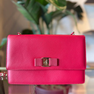 FERRAGAMO Saffiano Leather Bow Ginny Chain Shoulder Bag
