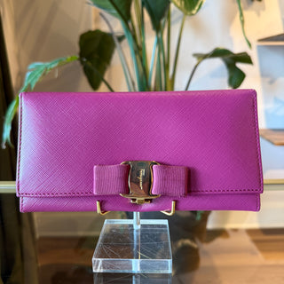 SALVATORE FERRAGAMO Vara Bow Purple Hammered Calfskin Leather Long Flap Wallet