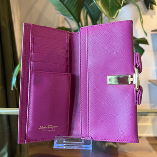 SALVATORE FERRAGAMO Vara Bow Purple Hammered Calfskin Leather Long Flap Wallet