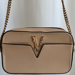 VERSACE Beige Leather Virtus Shoulder Bag