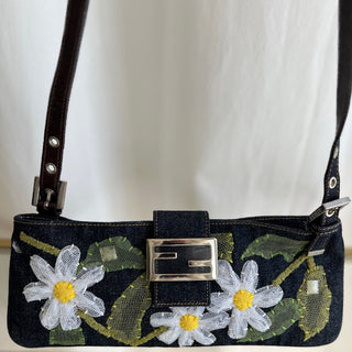 FENDI Denim  Embellished Floral Vintage Baguette Shoulder Bag