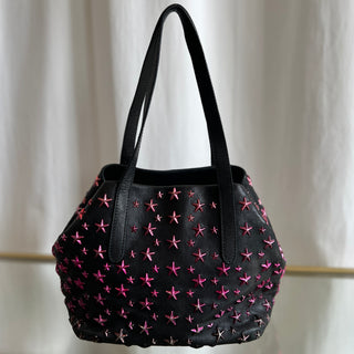 JIMMY CHOO Black Leather Sophia Pink Star Studded Handbag