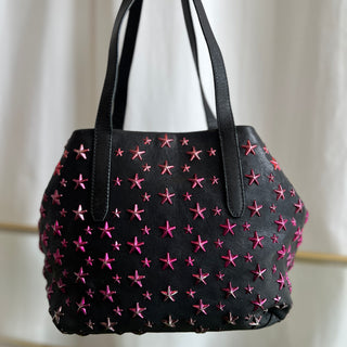 JIMMY CHOO Black Leather Sophia Pink Star Studded Handbag