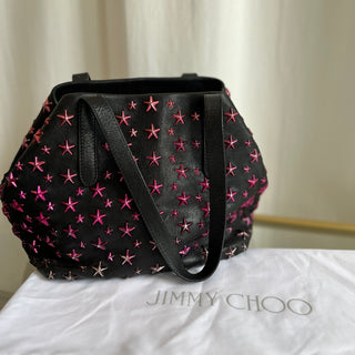 JIMMY CHOO Black Leather Sophia Pink Star Studded Handbag