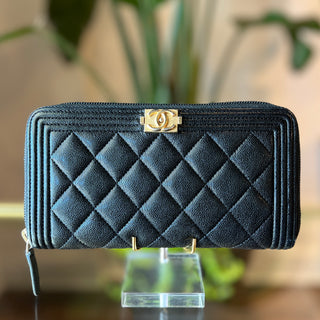 CHANEL Caviar Quilted Boy Long Zip Around Wallet Black