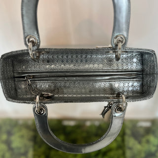 CHRISTIAN DIOR Metallic Silver Patent Micro Cannage Lady Dior Top Handle Crossbody