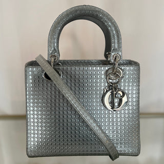 CHRISTIAN DIOR Metallic Silver Patent Micro Cannage Lady Dior Top Handle Crossbody