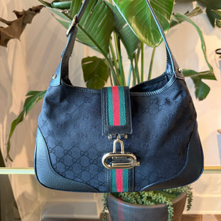 GUCCI Junco Hobo Black GG Monogram Canvas Sherry Line Shoulder Bag