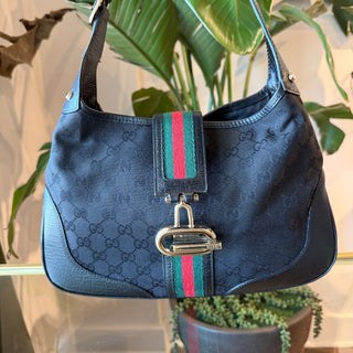 GUCCI Junco Hobo Black GG Monogram Canvas Sherry Line Shoulder Bag