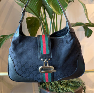 GUCCI Junco Hobo Black GG Monogram Canvas Sherry Line Shoulder Bag