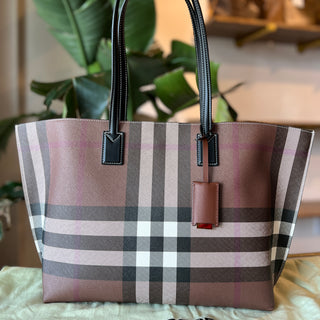 BURBERRY Birch Brown Calf Leather Check E-Canvas Tote Bag