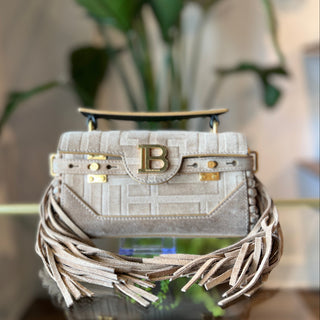 BALMAIN B-Buzz 19 Beige Suede Baguette Shoulder Bag