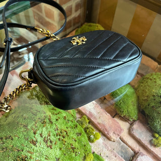 TORY BURCH Kira Black Leather Chevron Camera Crossbody Bag