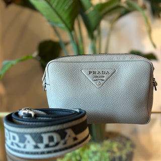PRADA Double Zip Camera Bag Gray Leather Crossbody Bag