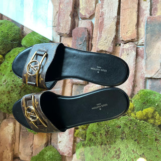 LOUIS VUITTON Lock It Brown Monogram Canvas Flat Mule Sandals SZ40(10US)