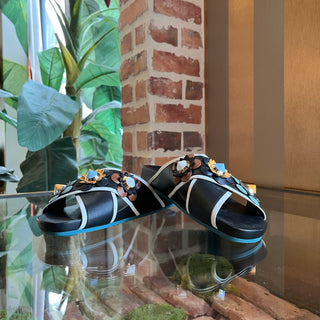 FENDI Flowerland Black Leather Floral Appliques Sandals SZ37.5(7.5US)