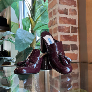 PRADA Burgundy Patent Leather Tassel Oxford Mules SZ37.5(7.5US)