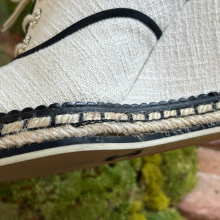 CHANEL Raffia Lace Up Faux Pearl Embellished Canvas Wedge Espadrilles SZ39.5(9.5US)