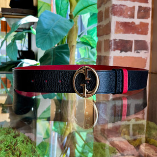 GUCCI 1973 Black Red Pebbled Calfskin Reversible Leather Belt SZ95/38(10US)