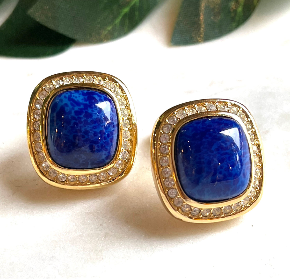 CHRISTIAN DIOR Gold Square Blue Faux Lapis Crystal Vintage Clip-On Earrings