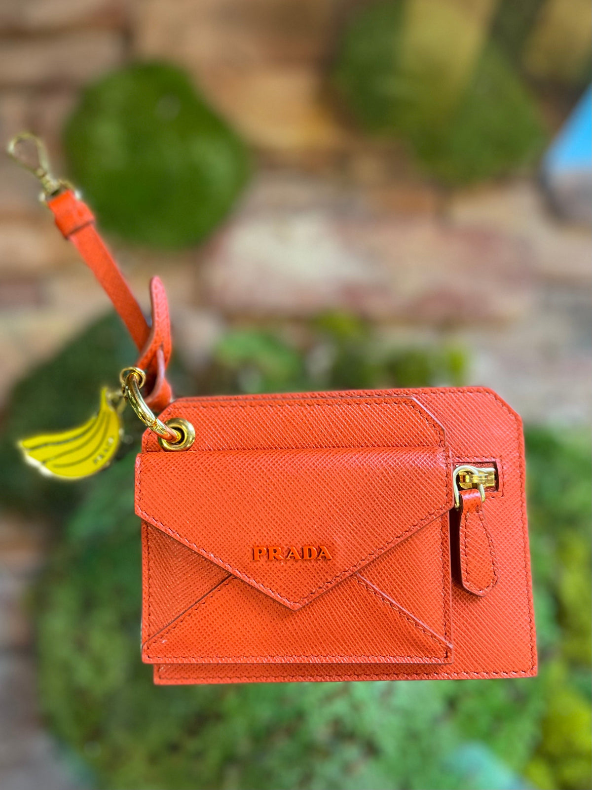 PRADA Orange Saffiano Leather Wallet Key Chain