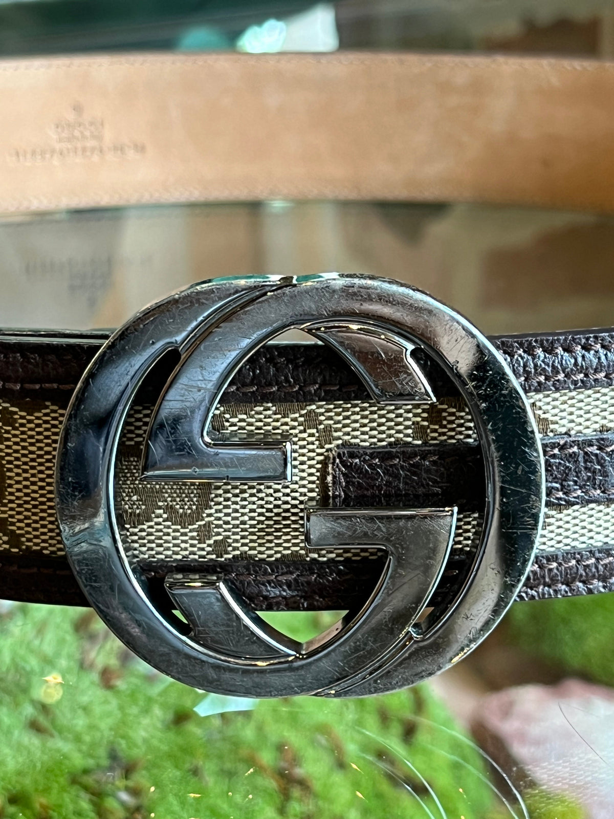 GUCCI Beige GG Canvas Brown Leather Trim Belt Sz 85/34(6US)