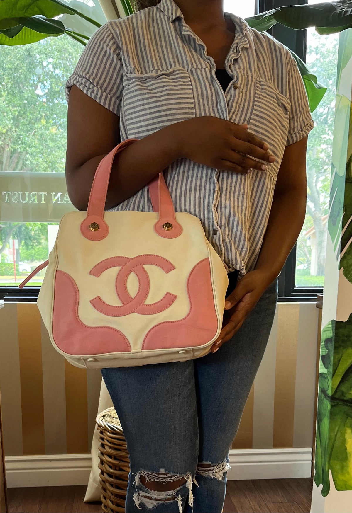 CHANEL Pink &amp;White Canvas Cube Tote