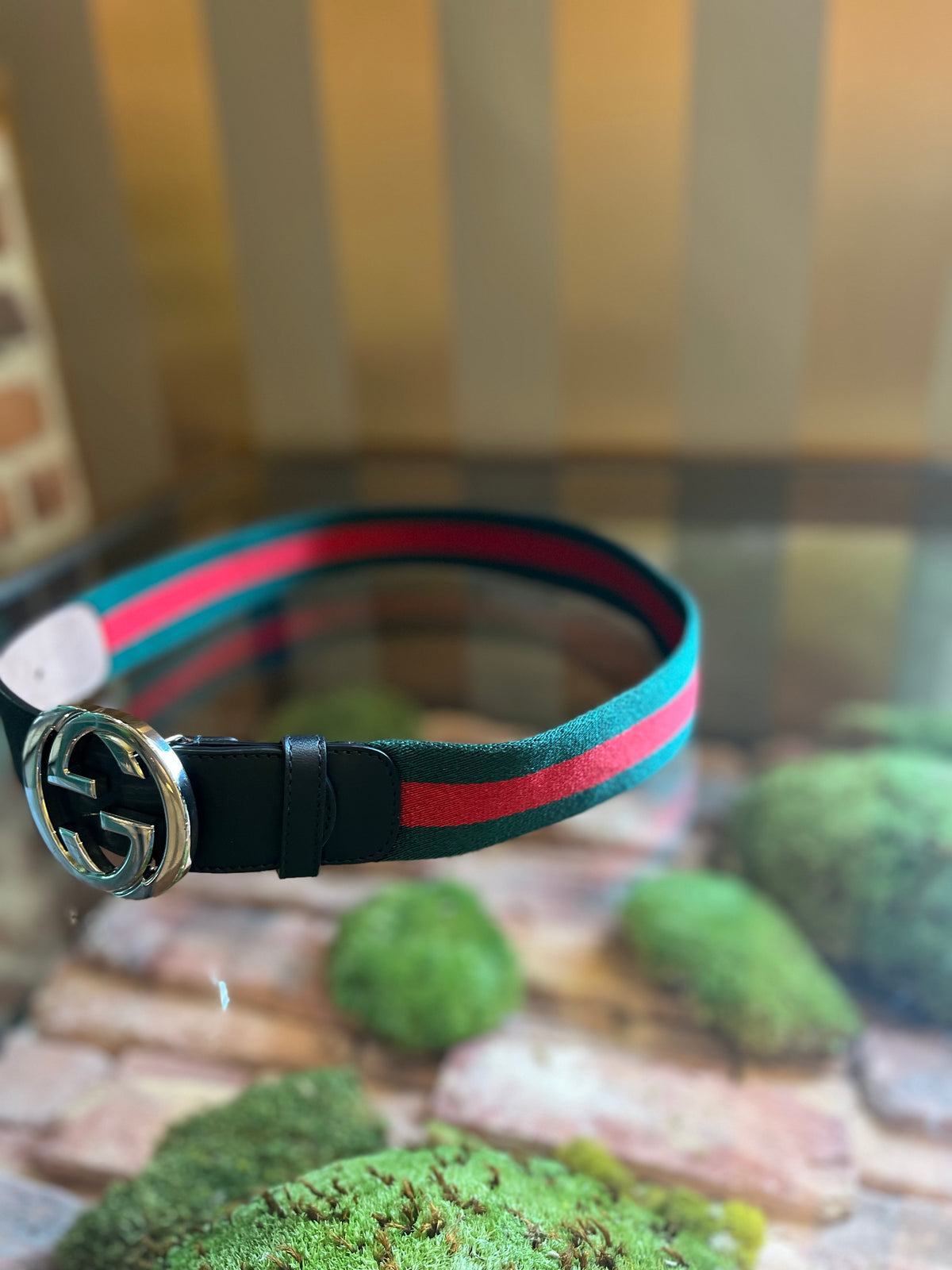GUCCI Red &amp; Green Striped Interlocking G Belt