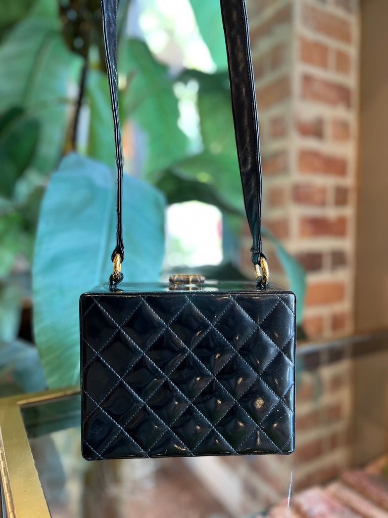 Chanel Vintage 1990s Lunch Box Black Patent Leather Handbag – The  Millionaires Closet