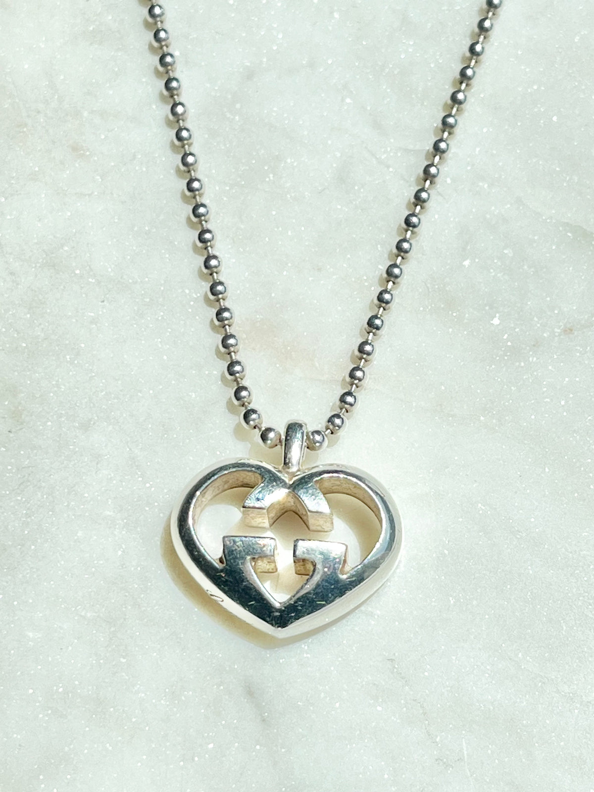 GUCCI Silver Loue Britt GG Heart Pendant Necklace