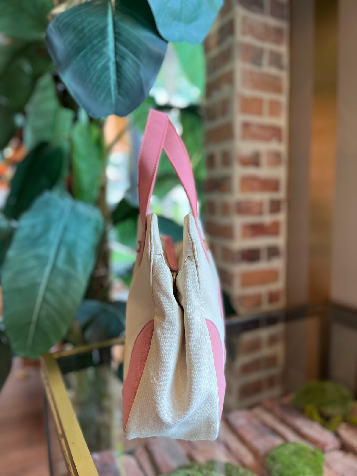 CHANEL Pink &amp;White Canvas Cube Tote