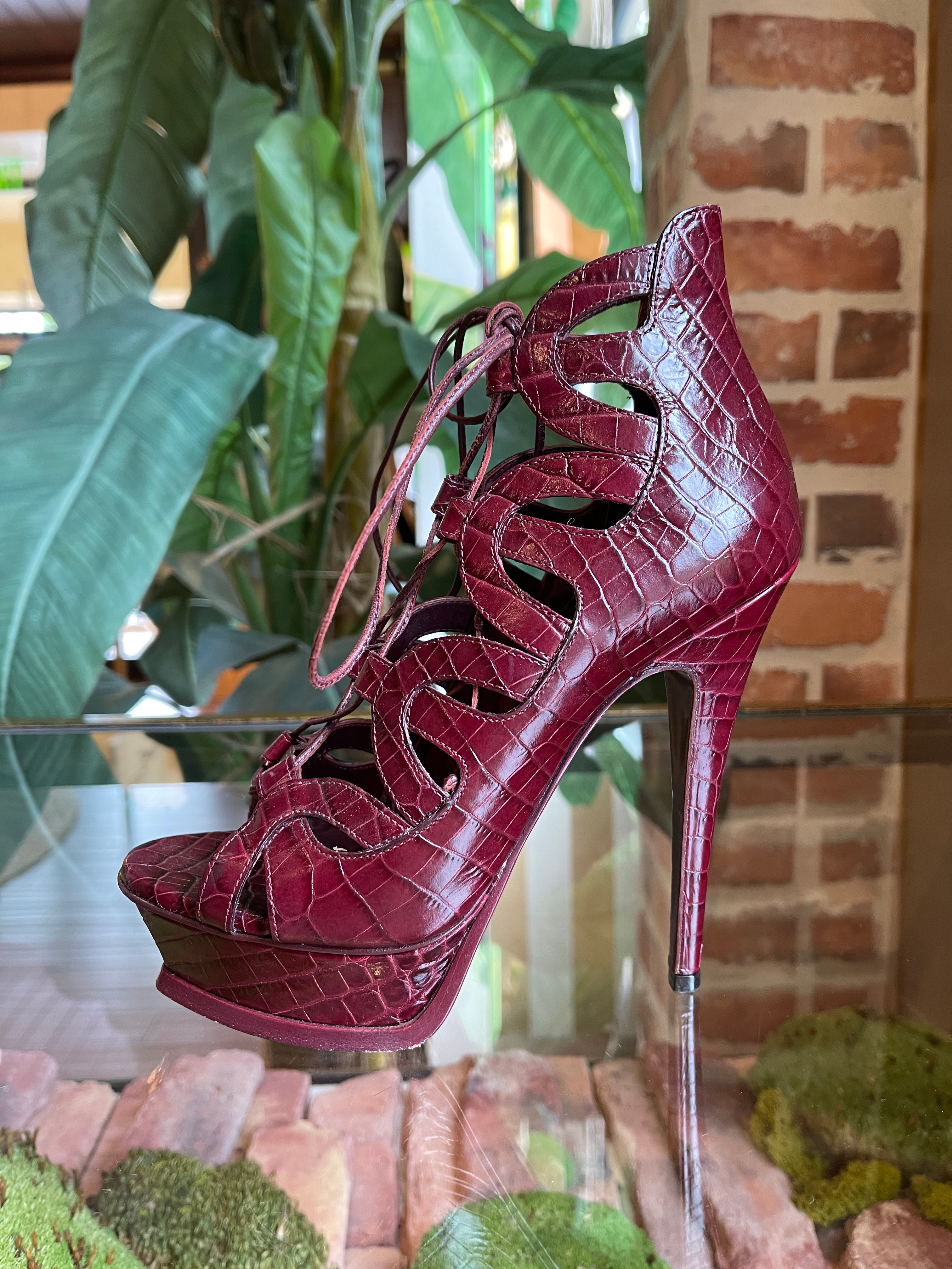 YVES SAINT LAURENT Tribute Croc Embossed Lace up Heels - The Purse