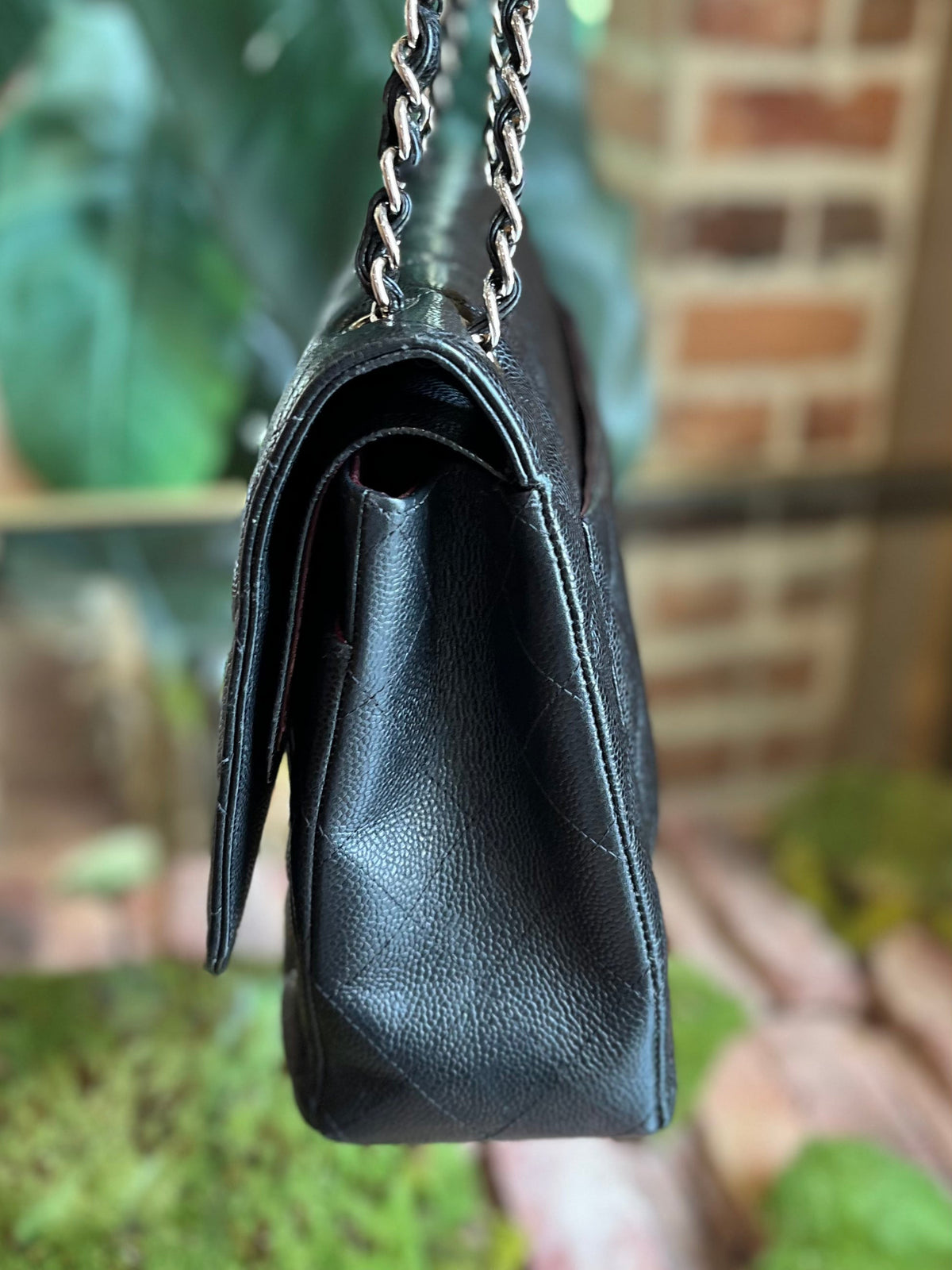 CHANEL Black Caviar Leather Classic Maxi Double Flap Bag Silver