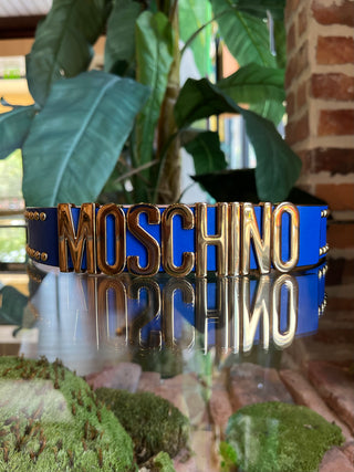 MOSCHINO Blue Leather Studded Logo Belt