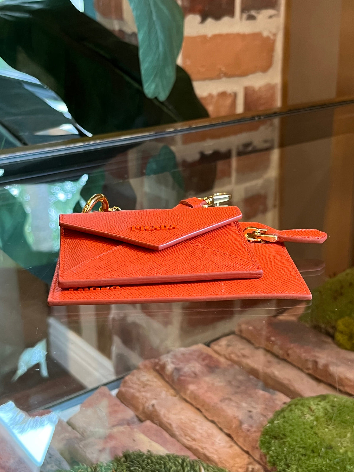 PRADA Orange Saffiano Leather Wallet Key Chain