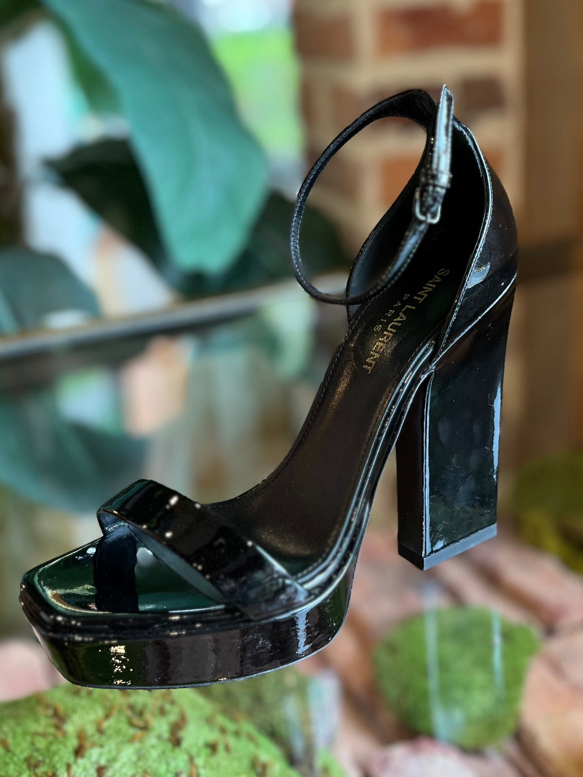 SAINT LAURENT Black Patent Leather Debbie 105 Platform Sandals SZ37.5