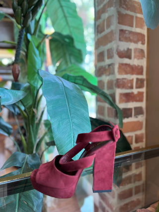 SAINT LAURENT Burgundy Suede Debbie Heels Sz 37.5