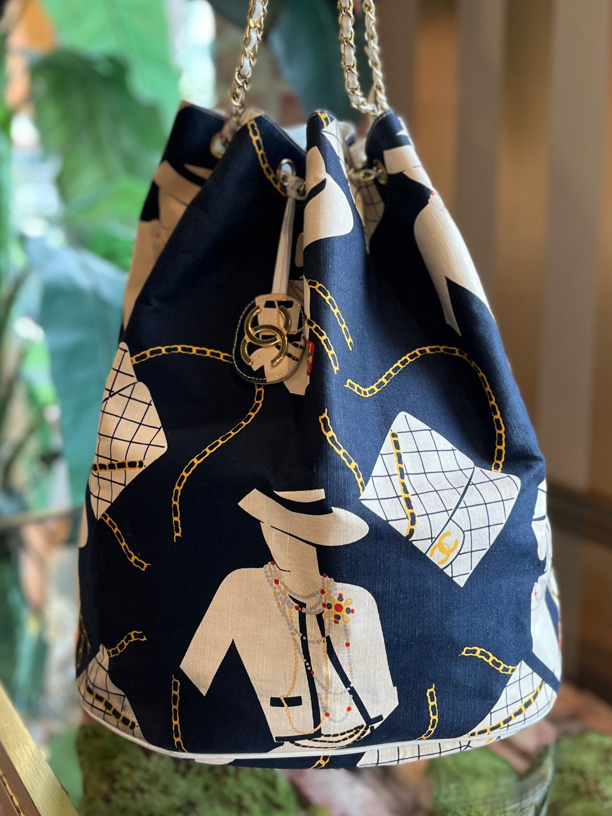 CHANEL Navy Blue Canvas Vintage Gabrielle Coco Silhouette Print Drawstring Bucket Bag